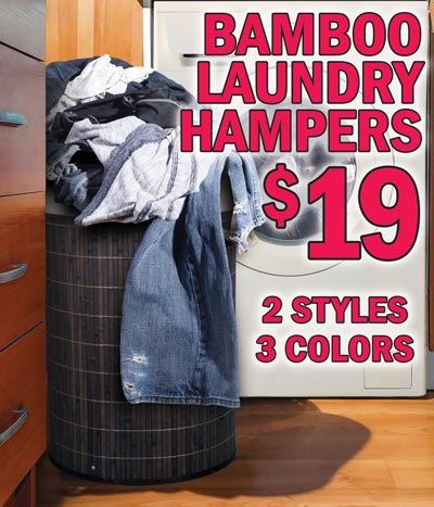 Bamboo Laundry Hampers $19, 2 styles, 3 colors