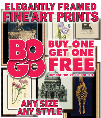 Framed Fine Art Prints Clearance Sale – Buy one for $29, get one FREE, any size, any style, originally priced $39 to $98. Sizes range from 12 inches by 12 inches to 19 and a half inches by 47 inches. Variety of styles, ready to hang, including Victorian, botantical, architectural, European, Asian, Grecian, and wildlife. Elegantly framed with custom mouldings up to 2 and a half inches wide with deep profiles and accents that include black, antique crackle, gold leaf, and distressed. Perfect for homes, offices, restaurants, hotels, interior designers, and dealers. Great selection of artwork from world class artists from ancient to modern. Limited and open editions. Some double and triple matted with gold fillets. Save up to 80% off art gallery prices. Styles may vary by store. $29 Clearance price and BOGO on item numbers starting with SDA, SDB, SDD, SJA, SNA, SQA, SQB, SXB, and SXC only.