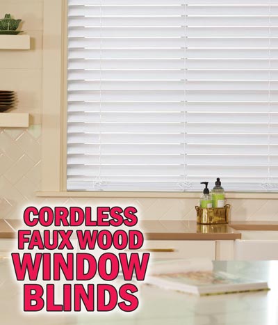 Cordless 2 inch Faux Wood Window Blinds – 12 sizes from 23 by 64 inches to 47 by 72 inches - our price $28.88 to $59.88. Wood grain texture gives them the look of real wood at a fraction of the cost. Durable 2 inch PVC slats, includes matching valance, wand tilt, and hanging hardware. Easy to install, mount inside or outside window frame. Raise and lower them by gently pushing on the bottom rail. Blinds provide room darkening and added privacy. Available in white, sizes may vary by store.