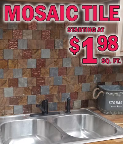 Mosaic Tile starting at $1.98 a square foot. Mosaic Tile is perfect for Kitchens, Baths, Showers, Backsplashes, and Accent Walls. Click here to get Mosaic Tile decorating ideas and learn about different types of Mosaic Tile.