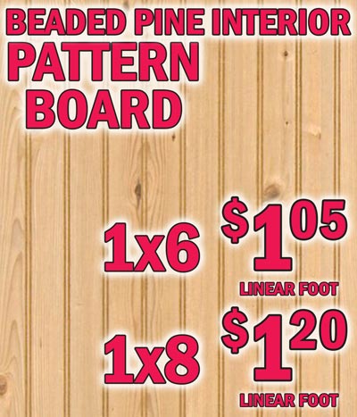 Beaded Pine Interior Pattern Board 1 by 6 $1.05 cents a linear foot, 1 by 8 $1.20 a linear foot, ready to stain or paint. Beaded pattern board is popularly used for wainscoting. not only does it make a beautiful wall accent, but it adds insulation, and can prevent or cover up damage to walls. It typically covers the lower 3 or 4 feet of an interior wall, but can go from floor to ceiling. It's perfect for Victorian style homes or adding a rustic flare to a room.