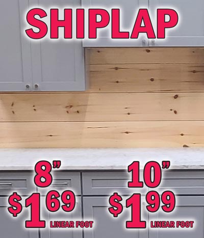 Shiplap 8 inch width $1.69 a linear foot, 10 inch width $1.99 a linear foot, ready to stain or paint. Traditionally Shiplap has been used as exterior siding, but recently designers have moved it indoors creating rustic interiors, walls, accent walls and vaulted ceilings. It can be installed vertically, horizontally, or even diagonally to create patterns. Shiplap is not just for walls and ceilings. It can be used to create a kitchen island, a fun pirate themed kids’ bedroom, a built-in hall tree bench, or a headboard. The possibilities are endless. Let your imagination run wild!