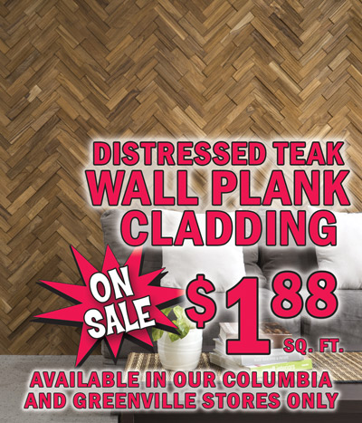 Distressed Teak Wall Plank Cladding On Sale Now $1.88 a square foot, regular price $3.88 a square foot. Available in our Columbia and Greenville stores only. Since this is a clearance item, quantities may be limited. Solid teak wood with mesh backing in two part design - A and B - for creating two distinct patterns. Perfect for accent walls. Herringbone pattern is striking and gives your walls an ultra elegant look, classic strip pattern creates a random appeal due to the varying lengths of each piece. 