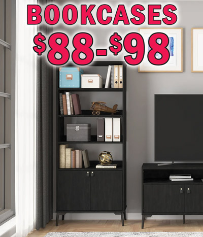 Bookcases $88 to $98. Apex in 2 colors, Weathered Oak, buy 1 for $88 or Super Deal, buy 2 or more for $59 each, item number J00070192001. Super Deal on Weathered Oak only. Walnut, $88, item number J00070192000. Add a matching Apex Cabinet to create a hutch. Matching Cabinets in 2 colors, $98 each, Weathered Oak item number J0077002001 and Walnut item number J0077002000. Zuma in 2 colors, $98 each, Black item number J038SL930023 and Light Brown item number J038SL930024. Edgewater in 2 colors, $88 each, Dark Aged Oak item number J003930008 and Rustic Oak item number J003930007. Some have matching cabinets, desks, file cabinets, TV stands, dressers, chests and-or bar tables. Styles may vary by store. Hurry in for best selection.