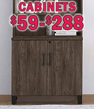 Cabinets $59 to $288, these cabinets are very versatile and can be used for storage, as a bar, or printer stand, and some can even be used as an end table or nightstand. Super Deal on Belaire in White with multi colored LED lights item number J0167004000, buy 1 for $88 or Super Deal, buy 2 or more for $66 each. Chelsea in Rustic White, $88, item number J021700013. Zuma in Black, $59, item number J038SL700023, makes a perfect printer stand. Bold Pattern in Cream, $248, item number D373006. Irving Park in Brushed Grey, $148, item number J002700017. Sixth Avenue in 2 colors is designed to hold records and a turntable, $125 each, Walnut item number J015700032 and Oak item number J015700033. 2-Drawer in White, $148, item number DSD229046, can also be used as a nightstand. 2-Door Overlay in Rustic Oak, $188, item number DS273006. 2-Door Carved in Dark Brown item number DSD273003, $198. 3-Drawer in Brown-Grey, $188, item number DSD192200. 2-Door in Emerald Green-Gold, $288, item number D328003. Delacora Bar Cabinet with wine glass rack in Brown with Copper Doors, $198, item number P020073. Apex in 2 colors, $98 each, Weathered Oak item number J0077002001 and Walnut item number J0077002000. Add a matching Apex Bookcase to create a hutch. Matching Bookcases in 2 colors, $88 each, Weathered Oak item number J00070192001 and Walnut item number J00070192000. Some have matching bookcases, desks, file cabinets, TV stands, coffee tables, end tables, hall trees, dressers, chests, and-or nightstands. Styles may vary by store. Hurry in for best selection.