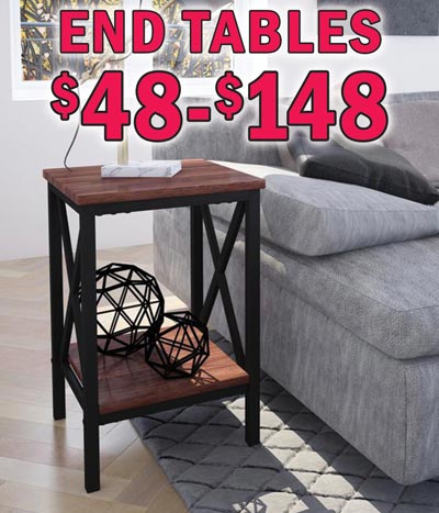 End Tables $48 to $148, New Shipments plus Super Deals on Belaire and Tahoe styles. Belaire in white, FINAL CLEARANCE now only $49, item number J0161024000. Tahoe in Oak-Black, buy 1 for $77 or Super Deal, buy 2 or more for $59 each, item number J0181052002. Super Deals on Belaire and Tahoe styles only. Elk Grove in 2 colors, $98 each, Rustic Pine item number J004102001 and Rustic Oak item number J004102010. Aberdeen in Espresso, $48, item number J008102004. Brookdale in Brown-Black, $48, item number J022102021. Marble Canyon in Cream-Black, $77, item number J025102. High Gloss in White with Chrome legs, $148, item number DSD204014. Domenic Nesting Tables in Red-Black, $148, item number P020617. Some have matching coffee tables, TV stands, desks, bar tables and-or cabinets. Styles may vary by store. Hurry in for best selection.