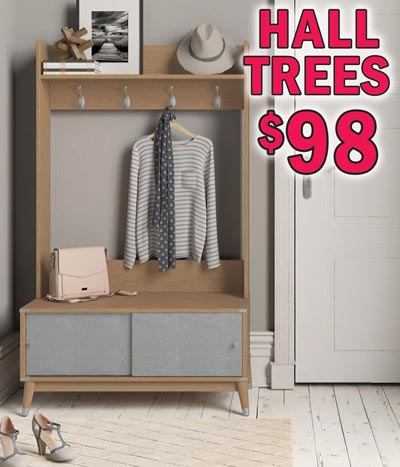 Hall Trees $98. Super Deal on Sixth Avenue in Oak, buy 1 for $98 or Super Deal, buy 2 or more for $66 each, item number J015170033. Super Deal on Oak only. Sixth Avenue in Walnut, $98, item number J015170032. May have matching TV stands, desks, and-or record cabinets. Styles may vary by store. Hurry in for best selection.