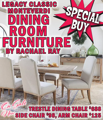 Special Buy Legacy Monteverdi Dining Room Table and Chairs by Rachael Ray, Table $688, Side Chair On Sale now $98 each, Arm Chair On Sale now $125 each