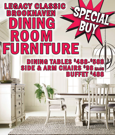 Special Buy Legacy Classic Brookhaven Dining Room Furniture, Dining Tables $488 to $588, Side and Arm Chairs $98 each, Buffet $488