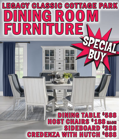 Special Buy Legacy Classic Cottage Park Dining Room Furniture, Dining Table $588, Host Chairs $188 each, Sideboard $388, Credenza with Hutch $688