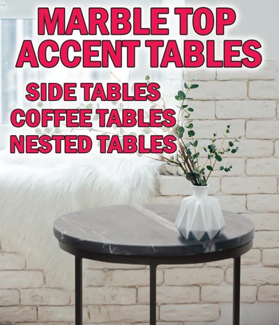 Marble Top Accent Tables - Side Tables, Coffee Tables, and Nested Tables $68 to $248. White marble tops with gold metal legs or black marble tops with black metal legs. Inspired by Mid-Century Milan design.