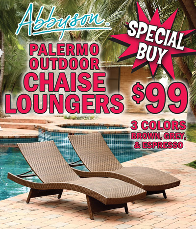 Special Buy Abbyson Palermo Outdoor Chaise Loungers $99 in 3 colors brown, grey, and espresso