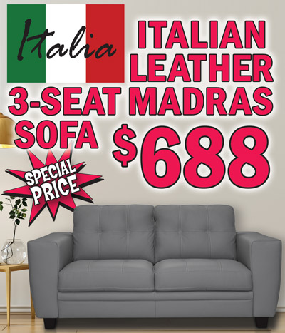 Special Price - Italian Leather 3-seat Madras Sofa now only $688, original price $1,188, item number 439978. 6 feet, 8 inches long. Genuine top grain leather everywhere the body touches with match leather on outside arms and back. Limited quantities. Hurry in!