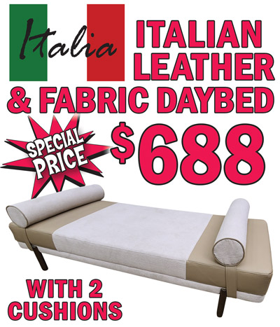 Special Price – Italian Leather and Fabric Daybed now only $688, original price $999, item number 4318077230ANR. 100 percent top-grain Italian leather with soft canvas fabric. 76 inches long (that’s 6 feet 4 inches), 34 inches wide, and 15 inches tall with 2 detachable end cushions, each 34 inches long by 7 inches wide, and stylish wood legs. Limited quantities so hurry in!