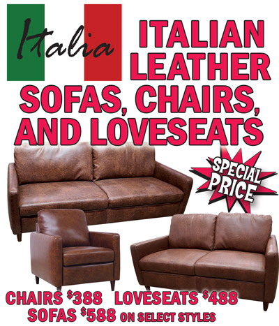 Special Price - Italian Leather Sofas, Loveseats, and Chairs. Chairs now $388, loveseats now $488, sofas now $588 on select match leather and bonded leather styles, original prices $599 to $1,199. Bronx bonded leather chair item number 4001001BOND, loveseat 4001002BOND, and sofa 4001003LBOND. Bronx bonded leather chair item number 4120001BOND, loveseat 4120002BOND, and sofa 4120078BOND. High Plains bonded leather loveseat item number 4001002HIGH and sofa 4001003LHIGH. Bronx match leather, genuine top-grain leather everywhere the body touches with match leather on outside arms and back, loveseat item number 4001002MATCH and sofa 4001003LMATCH. Limited quantities. Hurry in! Styles, colors, and selection may vary by store.