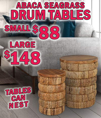 Abaca Seagrass Drum Tables small $88, large $148, tables can nest