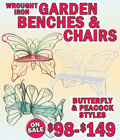Wrought Iron Garden Benches and Chairs in Butterfly and Peacock styles, On Sale $98 to $149