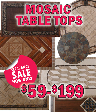 Mosaic Table Tops Clearance Sale, now only $59 to $199, originally priced $145 to $588. Slate, marble, and ceramic mosaic tops in round, square, oval, and rectangle, sizes measure 30 inch diameter to 7 feet long. 14 different styles, but because this is a clearance, styles may vary by store. For indoor or outdoor use, some can be used with patio umbrellas. These are just the table tops, table bases are not included.