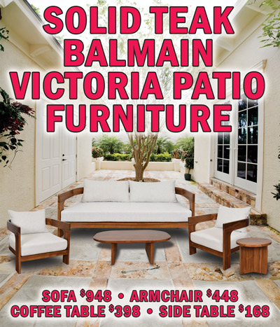 Solid Teak Balmain Victoria Patio Furniture - sofa $948, armchair $448, coffee table $398, and side table $168