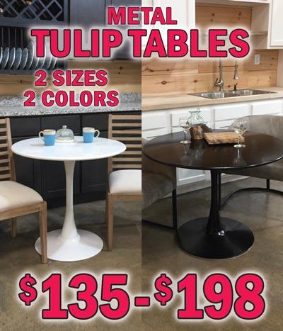 Metal Tulip Tables in 2 colors - black, and white. 2 sizes 32 inch diameter $135, 40 inch diameter $198, both tables are 29 inches tall. Make great bistro tables. Perfect for breakfast nooks or sun porches. Chairs sold separately.