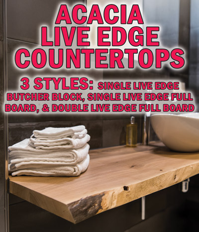 Acacia Live Edge Countertops, 3 styles - single live edge butcher block, single live edge full board, and double live edge full board