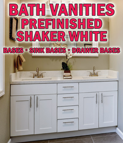 Bath Vanities in Prefinished Shaker White – bases, sink bases, and drawer bases