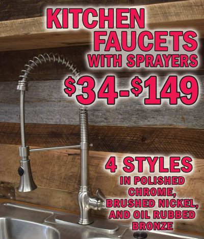 Kitchen Faucets with sprayers $34 to $149, 4 styles in polished chrome, brushed nickel, and oil rubbed bronze