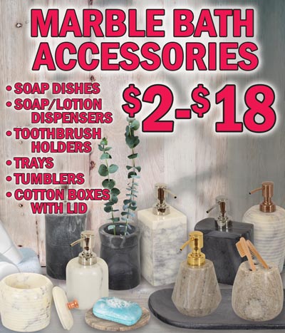 Marble Bath Accessories - Soap Dishes, Soap and Lotion Dispensers, Toothbrush Holders, Trays, Tumblers, and Cotton Boxes with Lids - $2 to $18 - each one is made of natural stone and has its own unique charactistics.