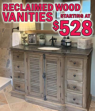 Reclaimed Wood Vanities with white marble tops, grey or black granite tops, and ceramic sinks. $528 to $1,388 - 25 and a half to 72 inches wide, single and double sink styles. New styles including farmhouse sink styles, new colors including light blue, green, black, and royal blue. Huge variety of other styles in white wash, Grey wash, natural, mahogany, dark brown, and white. Framed Beveled Glass Mirrors $128 to $358, Linen Cabinets $418 to $668. We have so many styles and colors we can’t possibly show them all, so this is just a sampling of what we buy. And if you’re looking for something you don’t see here, please ask our staff. They will be happy to help you. Styles and colors may vary by store. More new styles on the way!