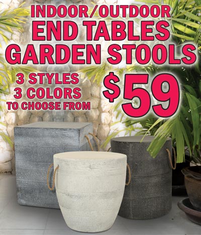 Indoor Outdoor End Tables Garden Stools $59 - 3 styles round, square and tapered, 3 finishes antique white, antique grey, and antique black, made of durable, lightweight fiberstone composite with rope handles.