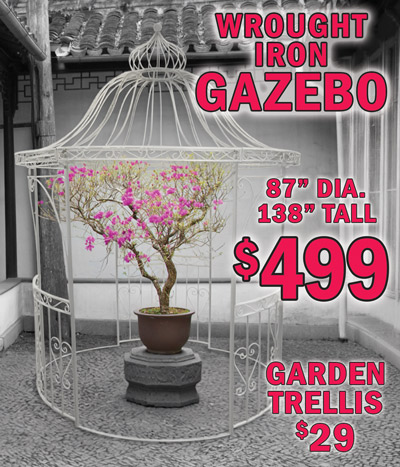 Wrought Iron Gazebo $499, 87 inch diameter, 138 inches tall, garden trellis $29