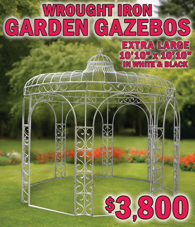 Wrought Iron Garden Gazebos, extra large 10 feet 10 inches by 10 feet 10 inches in white and black $3,800