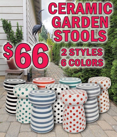 Ceramic Garden Stools $66, 2 styles, 6 colors