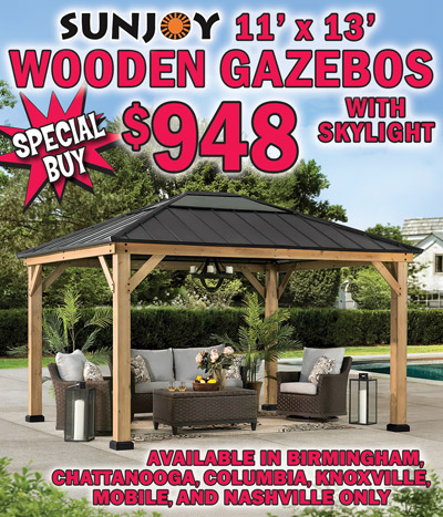 Special Buy Sunjoy 11 foot by 13 foot Wooden Gazebos with skylight $948, available in Birmingham, Chattanooga, Columbia, Knoxville, Mobile, and Nashville only