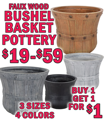 Faux Wood Bushel Basket Pottery $19 to $59, buy 1, get 1 for $1, 3 sizes, 4 colors