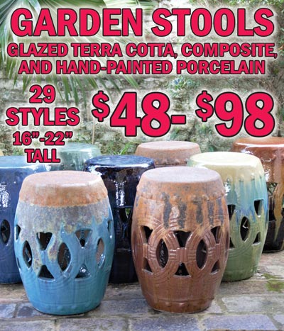 Garden Stools in Glazed Terra Cotta, Hand-Painted Porcelain, and Composite - 29 Styles 16 inches to 22 inches tall - $48 to $98