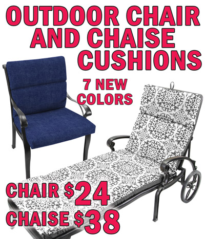 Outdoor Chair and Chaise Cushions, Chair $24, Chaise $38, 7 new colors