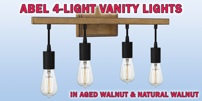 Ashley Harbour Abel 4-light vanity lights, our price $39, compare online for $86.13 to $93.81. Two finishes - aged walnut, item number DS19231A and natural walnut, item number DS19231A1. 24 inches wide by 4 inches deep by 13 inches high. Dimmable when paired with dimming-compatible bulbs. Styles may vary by store. Hurry in for best selection. These are a special buy folks, so when they’re gone, they’re gone!