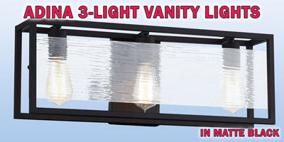 Ashley Harbour Adina 3-light vanity lights, our price $39, compare online for $137.87. Matte black fixture with textured glass panel, item number DS19206. 22 inches wide by 5 and a half inches deep by 8 inches high. Dimmable when paired with dimming-compatible bulbs. Can be installed facing up or down. Styles may vary by store. Hurry in for best selection. These are a special buy folks, so when they’re gone, they’re gone!