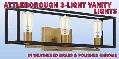 Ashley Harbour Attleborough 3-light vanity lights, our price $39, compare online for $132.53 to $162.48. Two finishes – polished chrome, item number DS19185A and weathered brass, item number DS19185A1. 24 inches wide by 4 and 3 quarter inches deep by 7 and 3 quarter inches high. Dimmable when paired with dimming-compatible bulbs. Can be installed facing up or down. Styles may vary by store. Hurry in for best selection. These are a special buy folks, so when they’re gone, they’re gone!