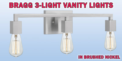 Ashley Harbour Bragg 3-light vanity lights, our price $39, compare online for $80.48. Brushed nickel fixture, item number DS19211. 22 and a quarter inches wide by 4 and a half inches deep by 8 and a half inches high. Dimmable when paired with dimming-compatible bulbs. Can be installed facing up or down. Styles may vary by store. Hurry in for best selection. These are a special buy folks, so when they’re gone, they’re gone!