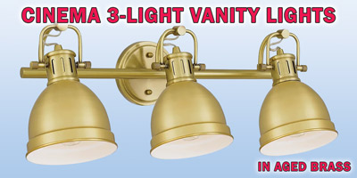 Ashley Harbour Cinema 3-light vanity lights, our price $39, compare online for $93.69. Aged brass fixture with metal shades, item number DS19187. 24 inches wide by 7 and a quarter inches deep by 8 and 3 quarter inches high. Dimmable when paired with dimming-compatible bulbs. Can be installed facing up or down. Styles may vary by store. Hurry in for best selection. These are a special buy folks, so when they’re gone, they’re gone!