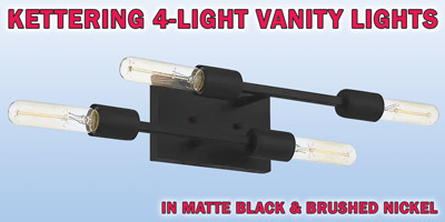 Ashley Harbour Kettering 4-light vanity lights, our price $39, compare online for $46.18 to $62.48. Two finishes - brushed nickel, item number DS19208A and matte black, item number DS19208A1. 24 and a half inches wide by 4 and a half inches deep by 4 and a half inches high. Dimmable when paired with dimming-compatible bulbs. Styles may vary by store. Hurry in for best selection. These are a special buy folks, so when they’re gone, they’re gone!