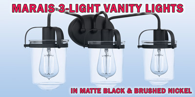 Ashley Harbour Marais 3-light vanity lights, our price $39, compare online for $138.02 to $171.98. Two finishes - brushed nickel, item number DS19191A and matte black, item number DS19191A1. 22 inches wide by 7 and a half inches deep by 10 and a quarter inches high. Can be installed facing up or down. Dimmable when paired with dimming-compatible bulbs. Styles may vary by store. Hurry in for best selection. These are a special buy folks, so when they’re gone, they’re gone!