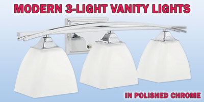 Kichler Modern 3-light vanity lights, our price $39, compare online for $94.48. Polished chrome fixture with etched glass shades, item number 37391. 22 and a half inches wide by 7 inches deep by 7 and a quarter inches high. Dimmable when paired with dimming-compatible bulbs. Can be installed facing up or down. Styles may vary by store. Hurry in for best selection. These are a special buy folks, so when they’re gone, they’re gone!