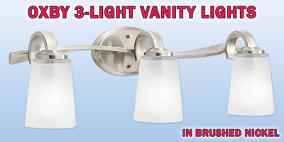 Kichler Oxby 3-light vanity lights, our price $39, compare online for $91.98. Brushed nickel fixture with vetro mica glass shades, item number 37371. 24 and a half inches wide by 7 and 3 quarter inches deep by 8 inches high. Dimmable when paired with dimming-compatible bulbs. Can be installed facing up or down. Styles may vary by store. Hurry in for best selection. These are a special buy folks, so when they’re gone, they’re gone!