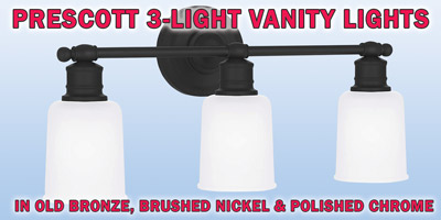 Ashley Harbour Prescott 3-light vanity lights, our price $39, compare online for $153.48. Three finishes with frosted glass shades - polished chrome, item number DS19218A, brushed nickel, item number DS19218A1 and old bronze, item number DS19218A2. 22 inches wide by 6 and 3 quarter inches deep by 10 inches high. Can be installed facing up or down. Dimmable when paired with dimming-compatible bulbs. Styles may vary by store. Hurry in for best selection. These are a special buy folks, so when they’re gone, they’re gone!