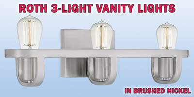 Ashley Harbour Roth 3-light vanity lights, our price $39, compare online for $99.18. Brushed nickel fixture, item number DS19200A1. 20 inches wide by 5 inches deep by 6 and 3 quarter inches high. Dimmable when paired with dimming-compatible bulbs. Can be installed facing up or down. Styles may vary by store. Hurry in for best selection. These are a special buy folks, so when they’re gone, they’re gone!