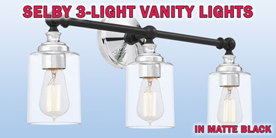 Ashley Harbour Selby 3-light vanity lights, our price $39, compare online for $90.48. Matte black fixture with clear glass shades, item number DS19202. 24 inches wide by 6 inches deep by 10 and a half inches high. Dimmable when paired with dimming-compatible bulbs. Can be installed facing up or down. Styles may vary by store. Hurry in for best selection. These are a special buy folks, so when they’re gone, they’re gone!