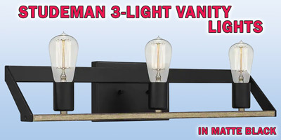 Ashley Harbour Studeman 3-light vanity lights, our price $39, compare online for $107.98. Matte black fixture, item number DS19205. 23 inches wide by 5 and a quarter inches deep by 7 and a quarter inches high. Dimmable when paired with dimming-compatible bulbs. Can be installed facing up or down. Styles may vary by store. Hurry in for best selection. These are a special buy folks, so when they’re gone, they’re gone!